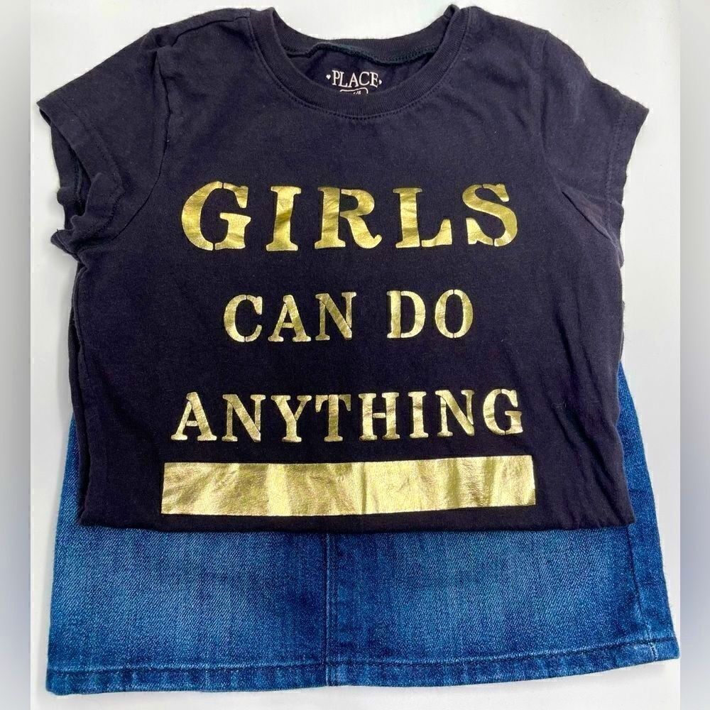 “Girls Can Do Anything” 2-piece LOT l PLACE Top l Baby Gap Jean mini-skirt l 5T